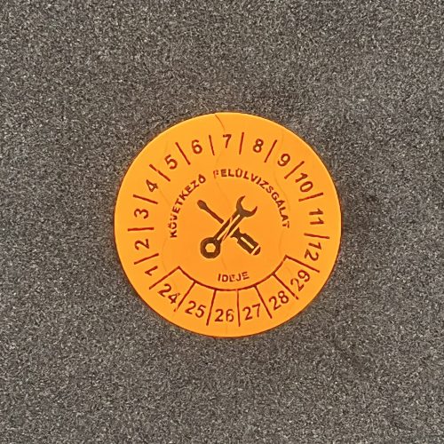 6 éves (2023-2028) felülvizsgálati biztonsági papír matrica 35 mm kör, fluo narancs