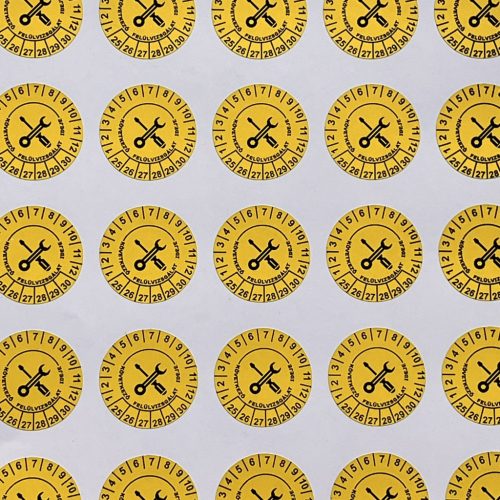 Időjárásálló poliészter 6 éves (2026-2031) felülvizsgálati matrica 30 mm kör, sárga