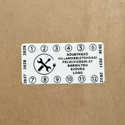 VOID nyomot hagyó 6 éves (2027-2032) kétnyelvű felülvizsgálati biztonsági matrica, 50x25 mm, fehér