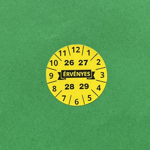 "ÉRVÉNYES" wetterfester Polyesteraufkleber für 4 Jahre (2026-2029), 30 mm rund, gelb