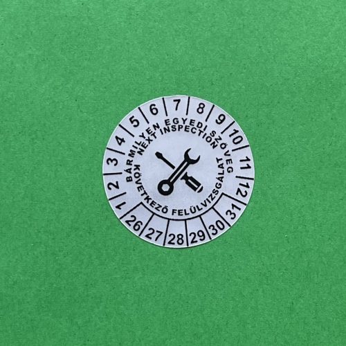 VOID nyomot hagyó 6 éves (2026-2031) kétnyelvű felülvizsgálati matrica 30 mm kör, matt ezüst