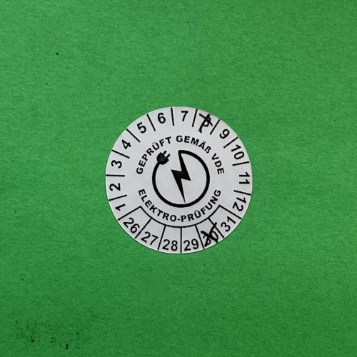 VOID nyomot hagyó 6 éves VDE (2026-2031) felülvizsgálati biztonsági matrica 30 mm kör, matt ezüst