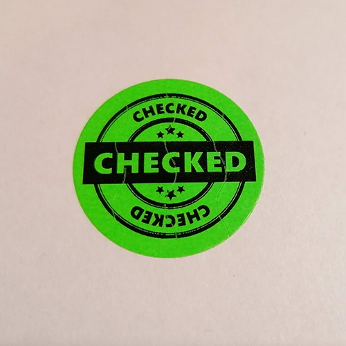 "Checked" fluo zöld biztonsági papír matrica 35 mm kör