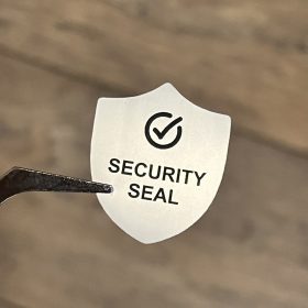   "SECURITY SEAL" VOID nyomot hagyó biztonsági matrica 25x30 mm pajzs forma, matt ezüst