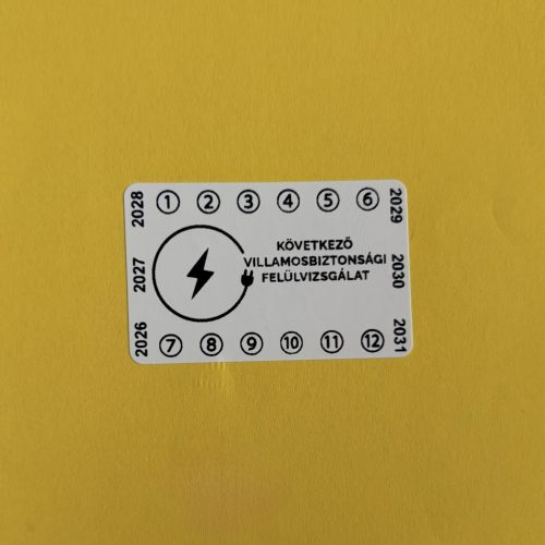 Destruktív 6 éves (2026-2031) villamosbiztonsági matrica 50x32 mm, fehér