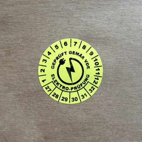 Biztonsági papír 6 éves (2027-2032) VDE felülvizsgálati matrica 35 mm kör, sárga