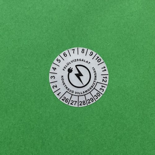 VOID nyomot hagyó 6 éves (2026-2031) villamosbiztonsági matrica 30 mm kör, matt ezüst