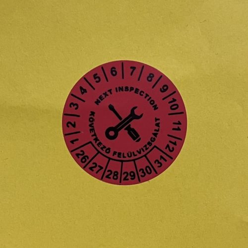 VOID nyomot hagyó 6 éves (2026-2031) villamosbiztonsági felülvizsgálati matrica 30 mm kör, matt piros