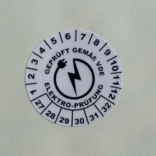 VOID nyomot hagyó 6 éves (2027-2032) VDE felülvizsgálati matrica 30 mm kör, matt fehér