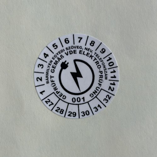 VOID nyomot hagyó 6 éves (2027-2032) VDE felülvizsgálati matrica 30 mm kör, matt fehér