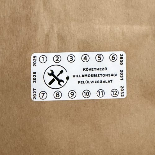 Destruktív 6 éves (2027-2032) villamosbiztonsági felülvizsgálati matrica 50x25 mm, fehér