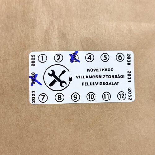 Destruktív 6 éves (2027-2032) villamosbiztonsági felülvizsgálati matrica 50x25 mm, fehér