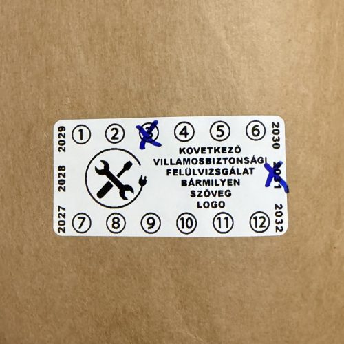 Destruktív 6 éves (2027-2032) villamosbiztonsági felülvizsgálati matrica 50x25 mm, fehér