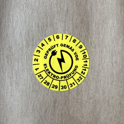 Időjárásálló poliészter 6 éves (2027-2032) VDE felülvizsgálati matrica 30 mm kör, sárga