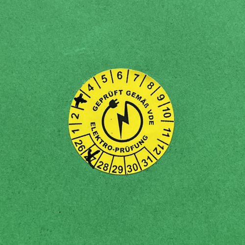 Időjárásálló poliészter 6 éves (2026-2031) VDE felülvizsgálati matrica 30 mm kör, sárga