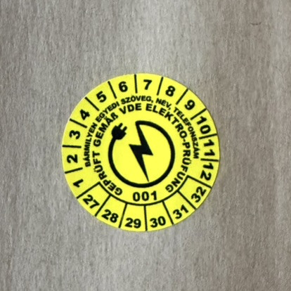 Időjárásálló poliészter 6 éves (2027-2032) VDE felülvizsgálati matrica 30 mm kör, sárga