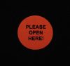 "PLEASE OPEN HERE!" biztonsági papír matrica 35 mm kör, fluo piros