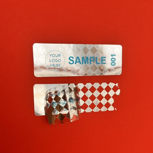 Pepita Tamper-Evident Security Label 60x20 mm Blue with CUSTOM Printing, Glossy Silver