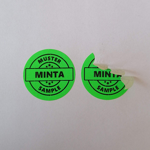 Sicherheits-Papieraufkleber 35 mm rund schwarz mit INDIVIDUELLEM Druck, fluoreszierend grün