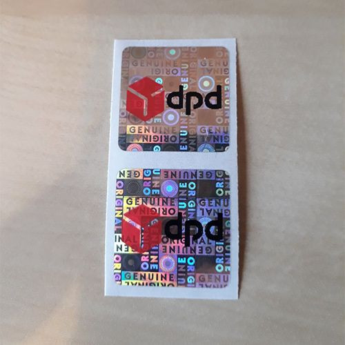 Original/Genuine 20×20 mm hologram sticker with custom black printing