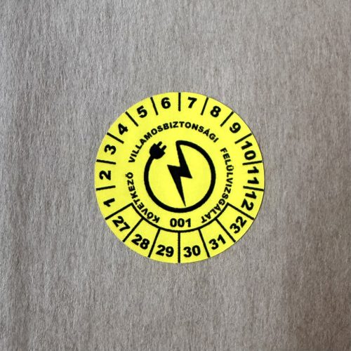 Időjárásálló poliészter 6 éves (2027-2032) villamosbiztonsági matrica 30 mm kör, sárga