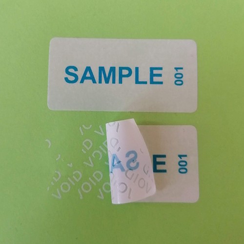 VOID Sicherheitsaufkleber 50x25 mm mit blauem individuellem Druck, weiß