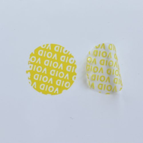 VOID nyomot hagyó 30 mm kör biztonsági matrica fekete EGYEDI nyomtatással, sárga